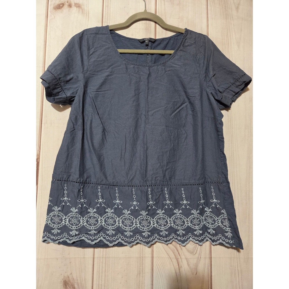 Next Women Navy Blue Cotton Eyelet Embroidered Scallop Hem Blouse Top Size 16